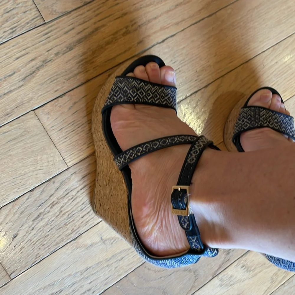 Jimmy Choo Portia Wedge Sandals Navy Cork Two-Tone Leather Size 38 EU Chic Style